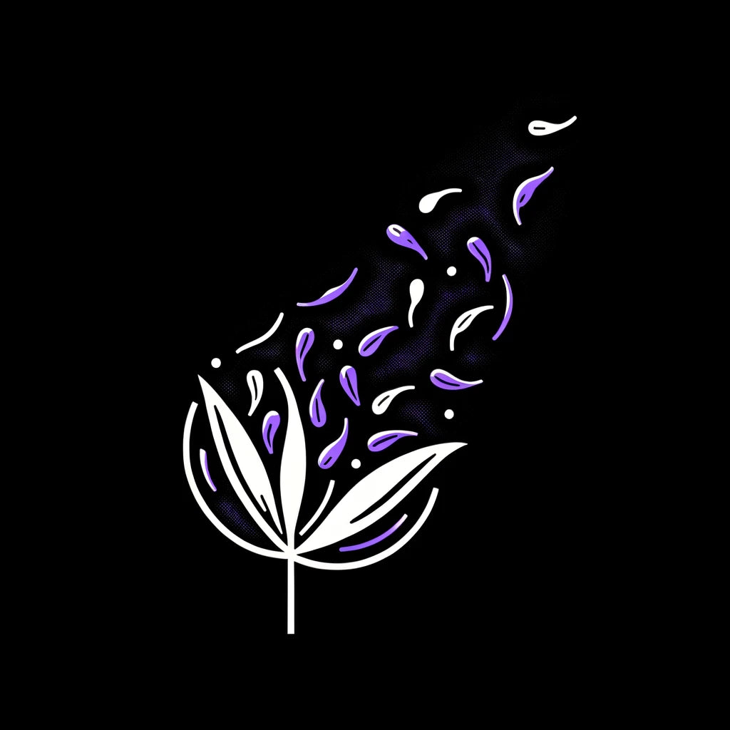Purple leaves flowing away from a white flower
